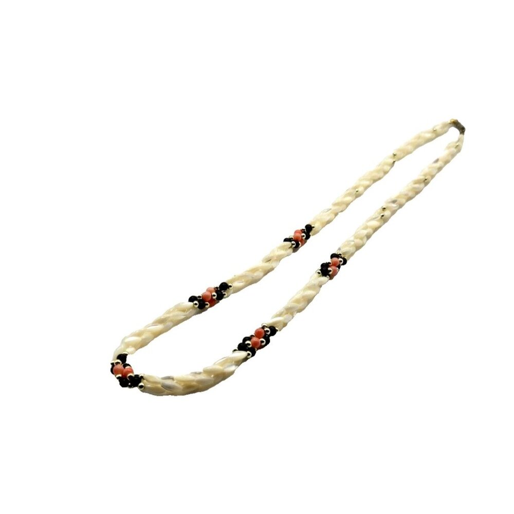 Vintage Mother of Pearl, Onyx and Coral Twisted Necklace 22 inches